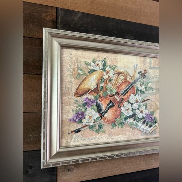 “Floral Harmony "14" x11" Cross Stitch Completed Silver Framed Violin Piano - Picture 3 of 7